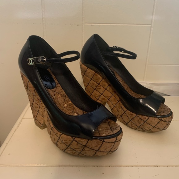Chanel Patent Leather Quilted Cork Wedge Platforms - Picture 4 of 7